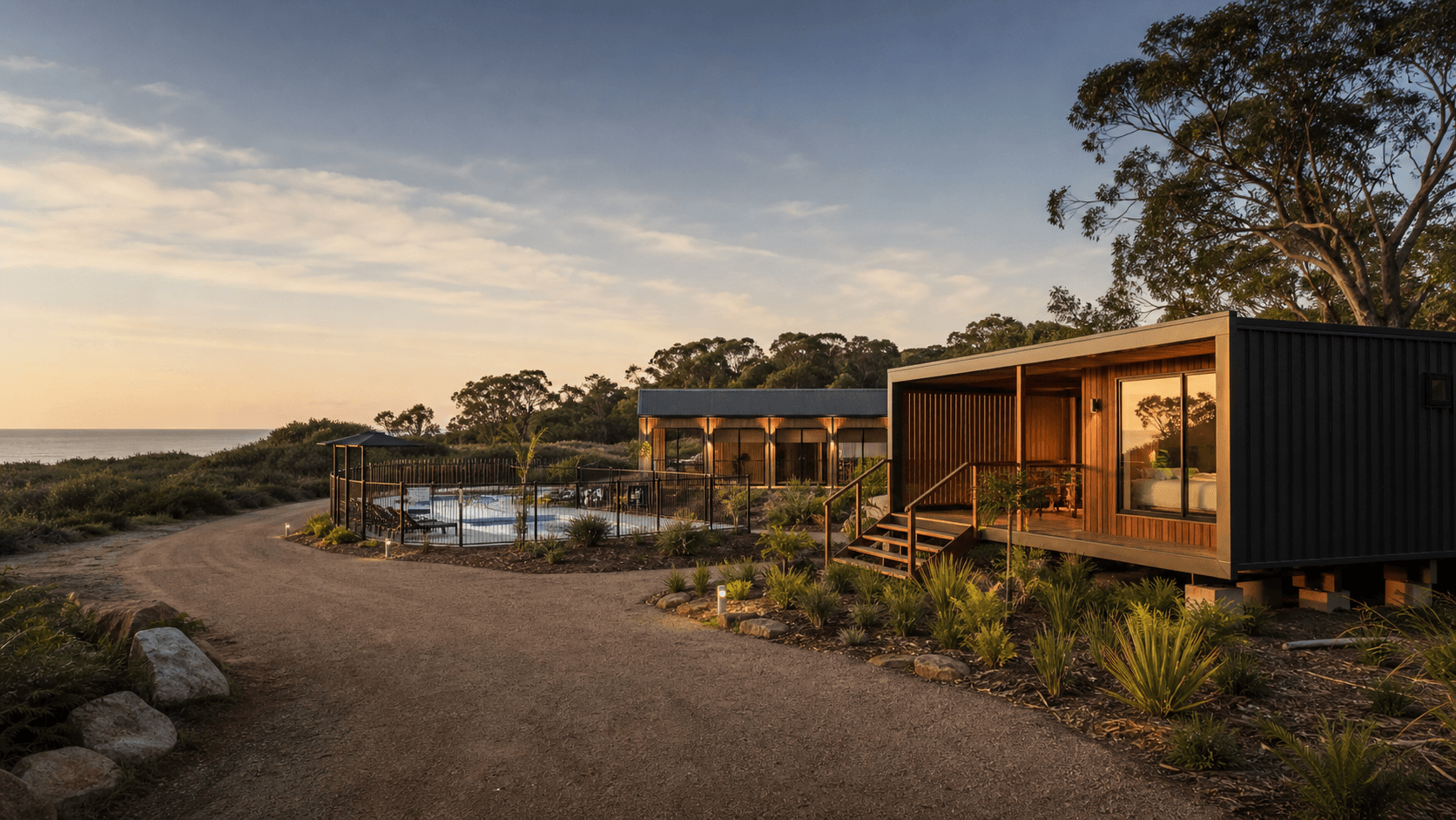 A modular guest cabin at a boutique Australian holiday park.