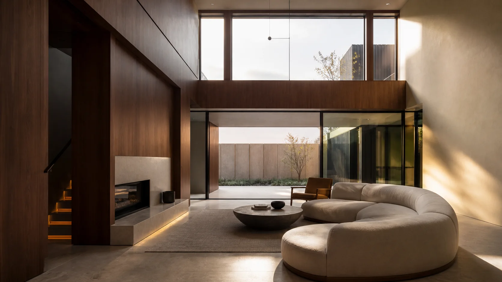 Refined warm modular home interior with timber finishes