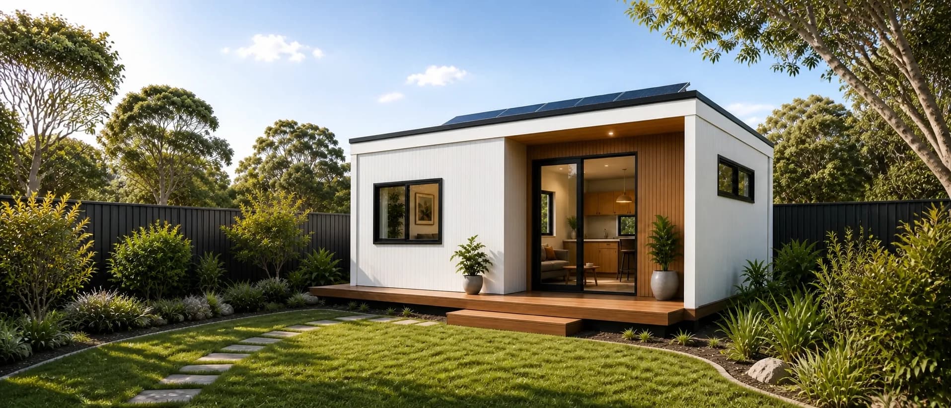 Compact Living 30 - Manly modular home with warm exterior finishes and garden outlook