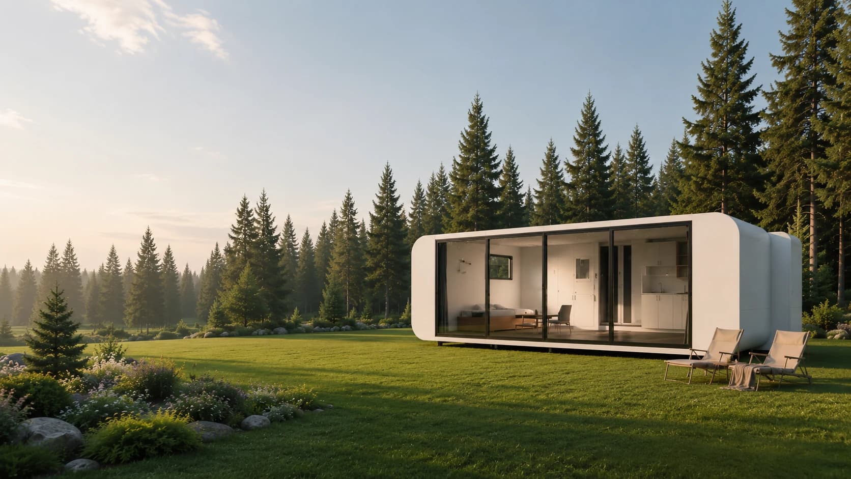 Modular backyard pod and compact office studio in a landscaped setting