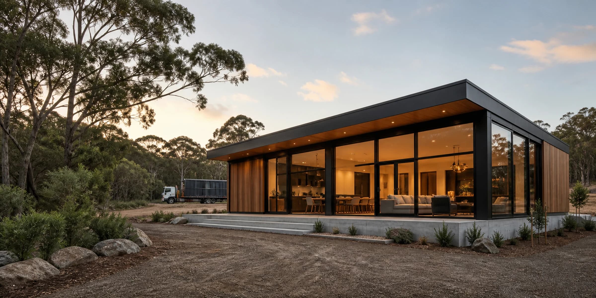 Contemporary modular residence approaching move-in readiness on an Australian site