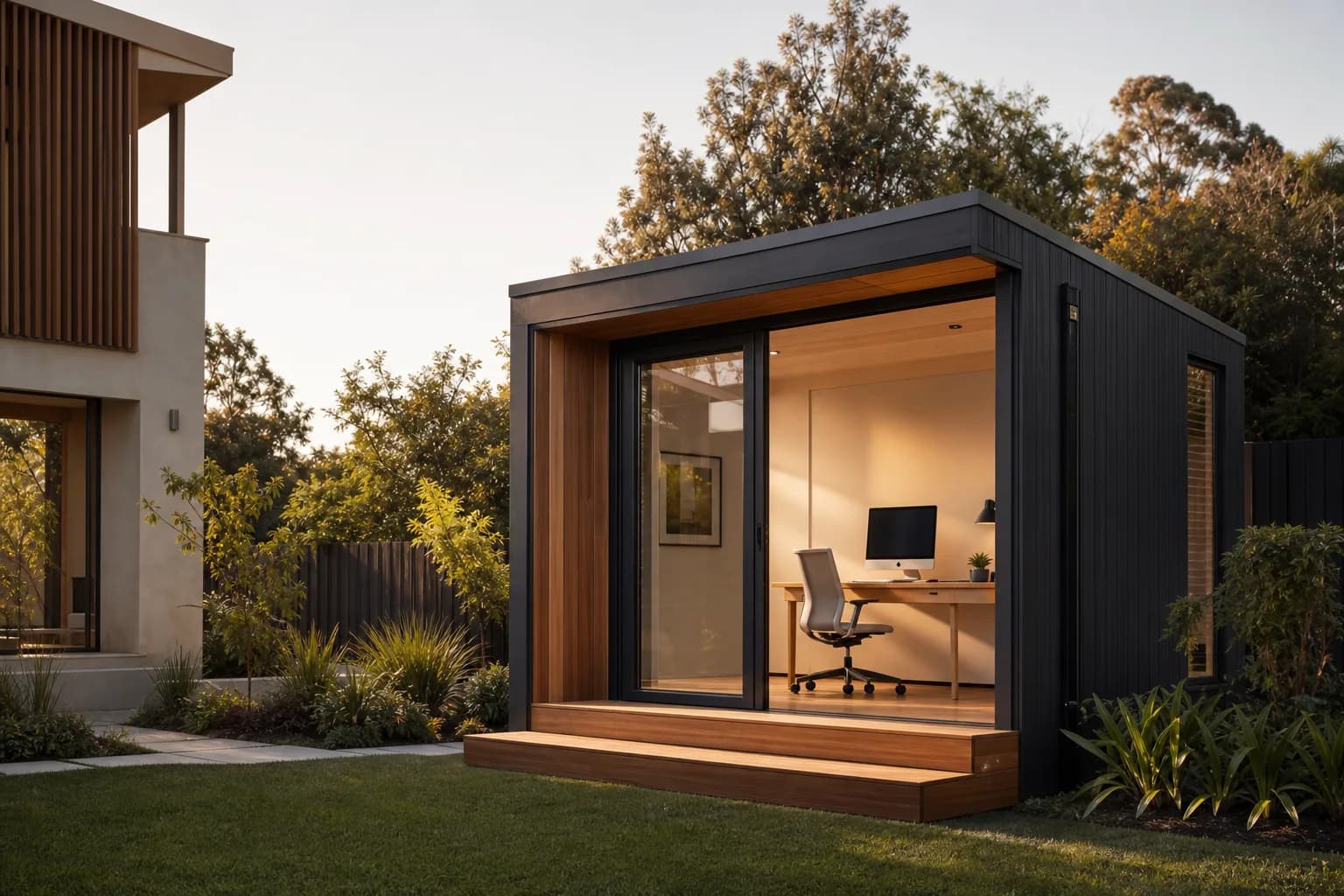 Modern backyard office pod in a landscaped Australian garden