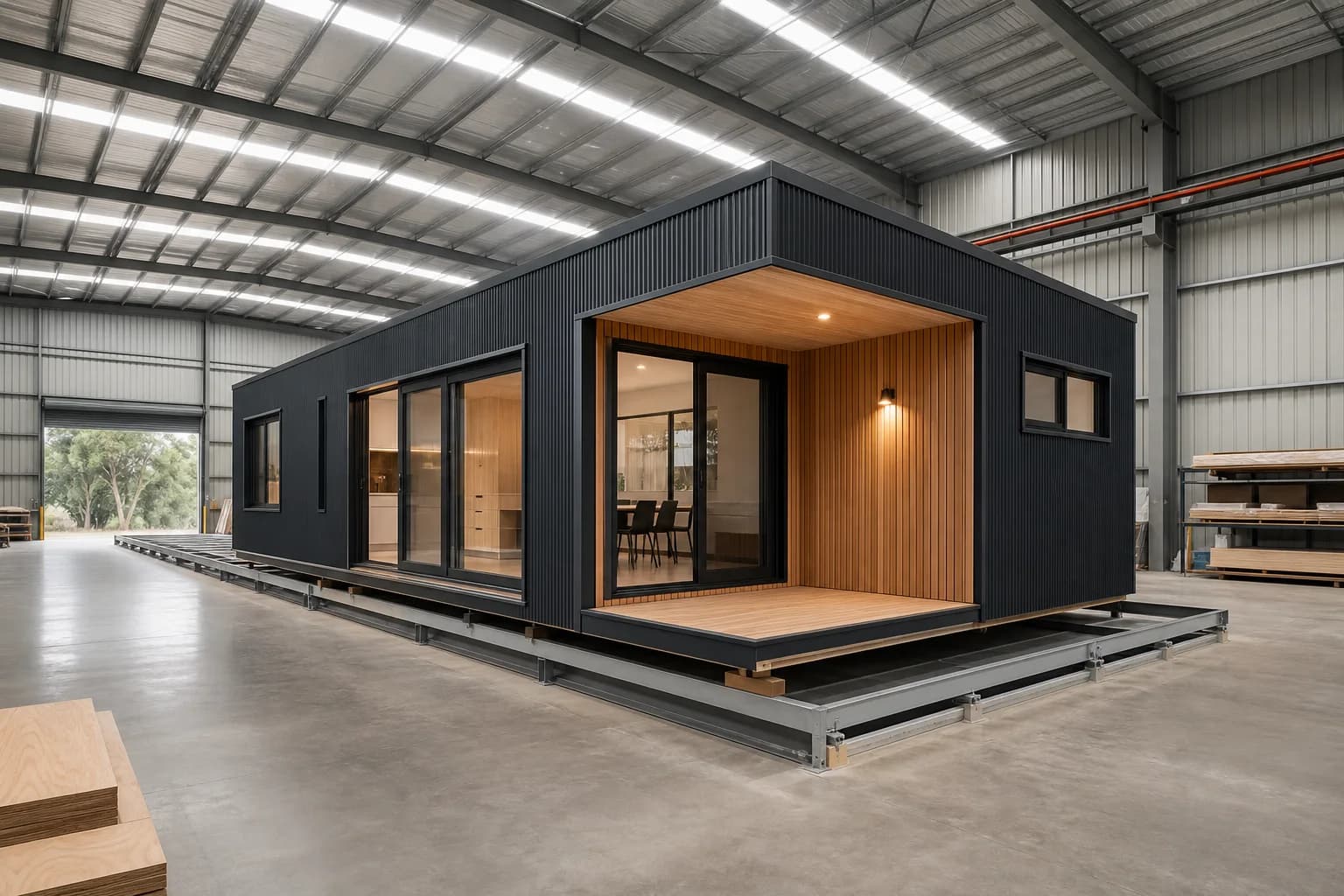 Modular home being assembled in a controlled factory setting