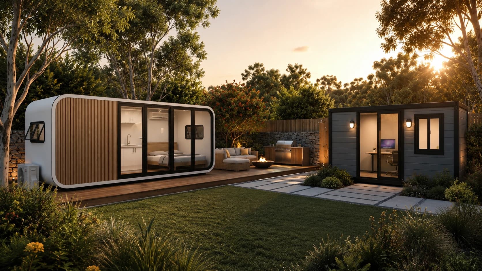 Two modular dwellings on a landscaped Australian property at sunset