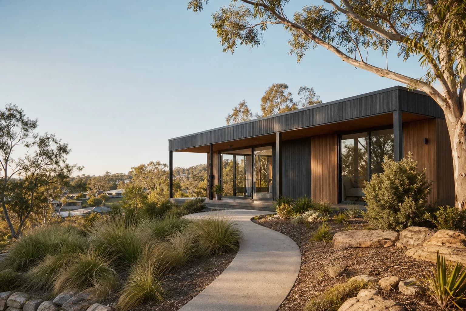 Contemporary modular home on a landscaped Australian bushland-edge site