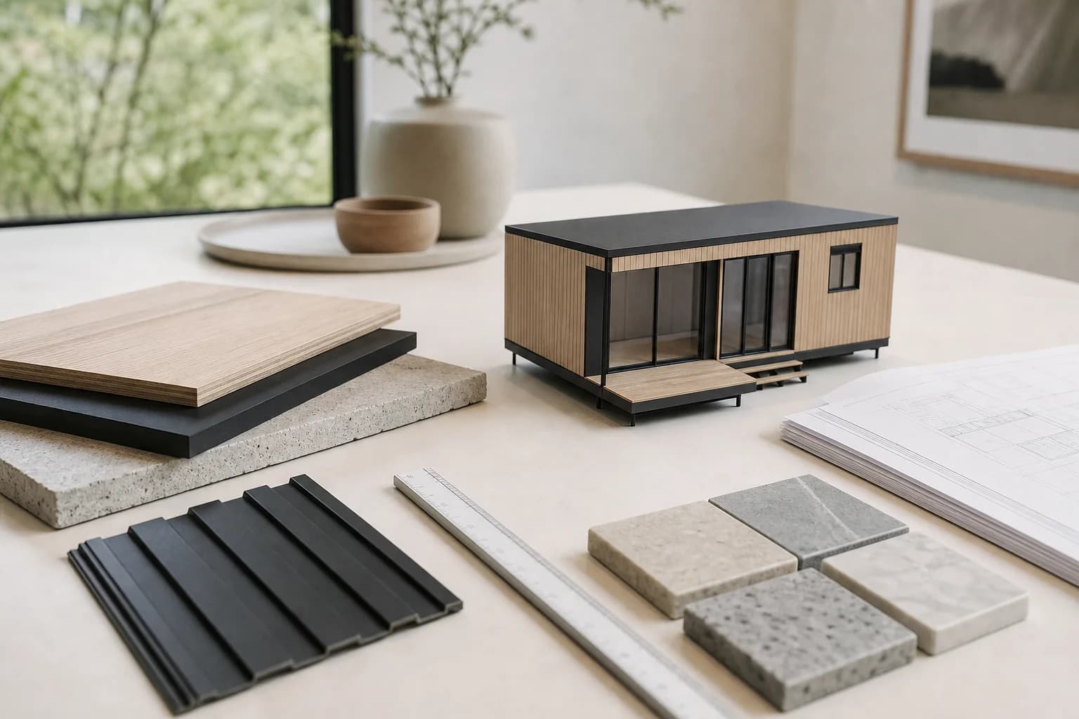 Architectural plans, material samples and a modular home project model on a worktable