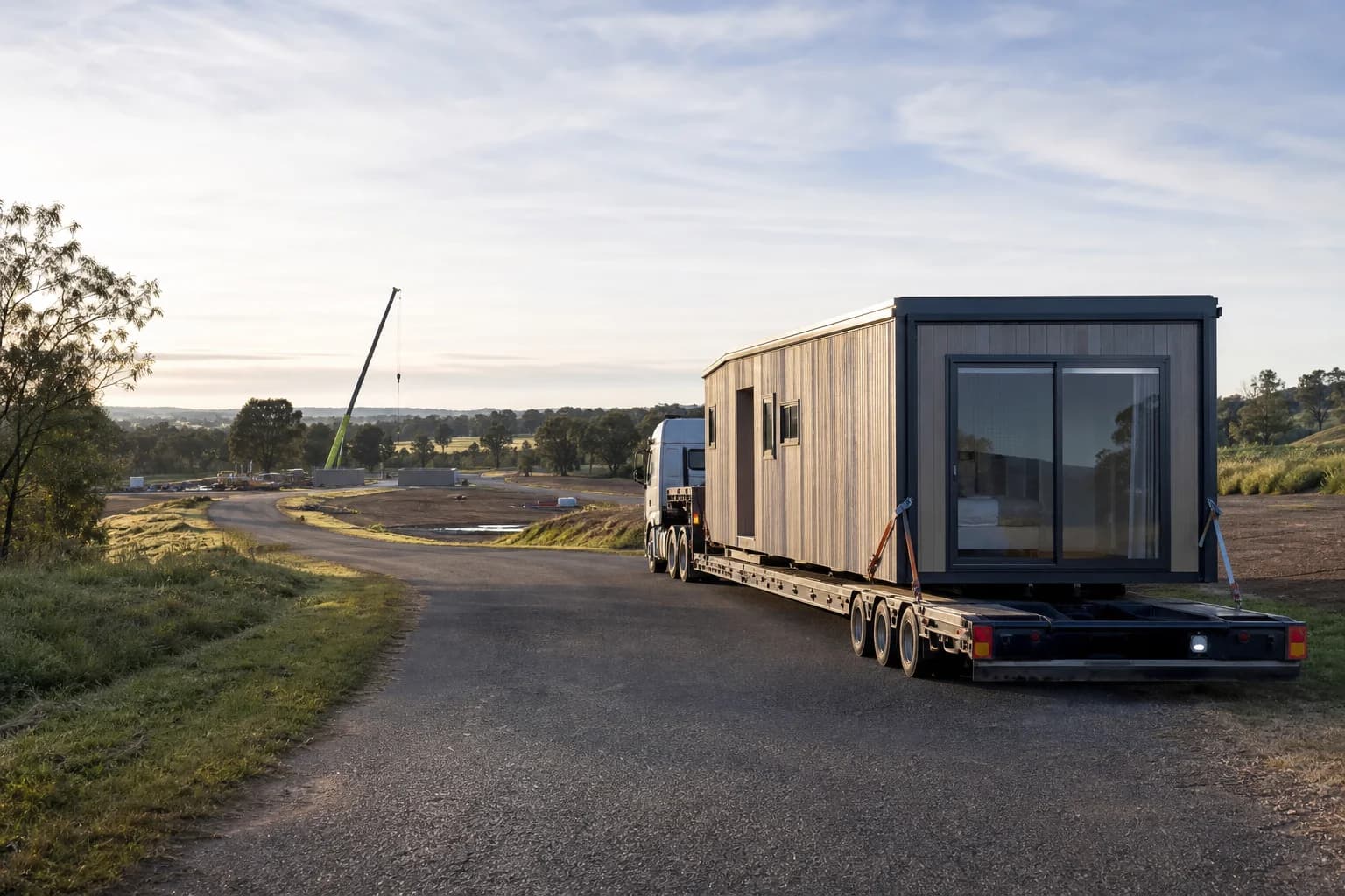 Modular home module delivered by truck to a prepared Australian site