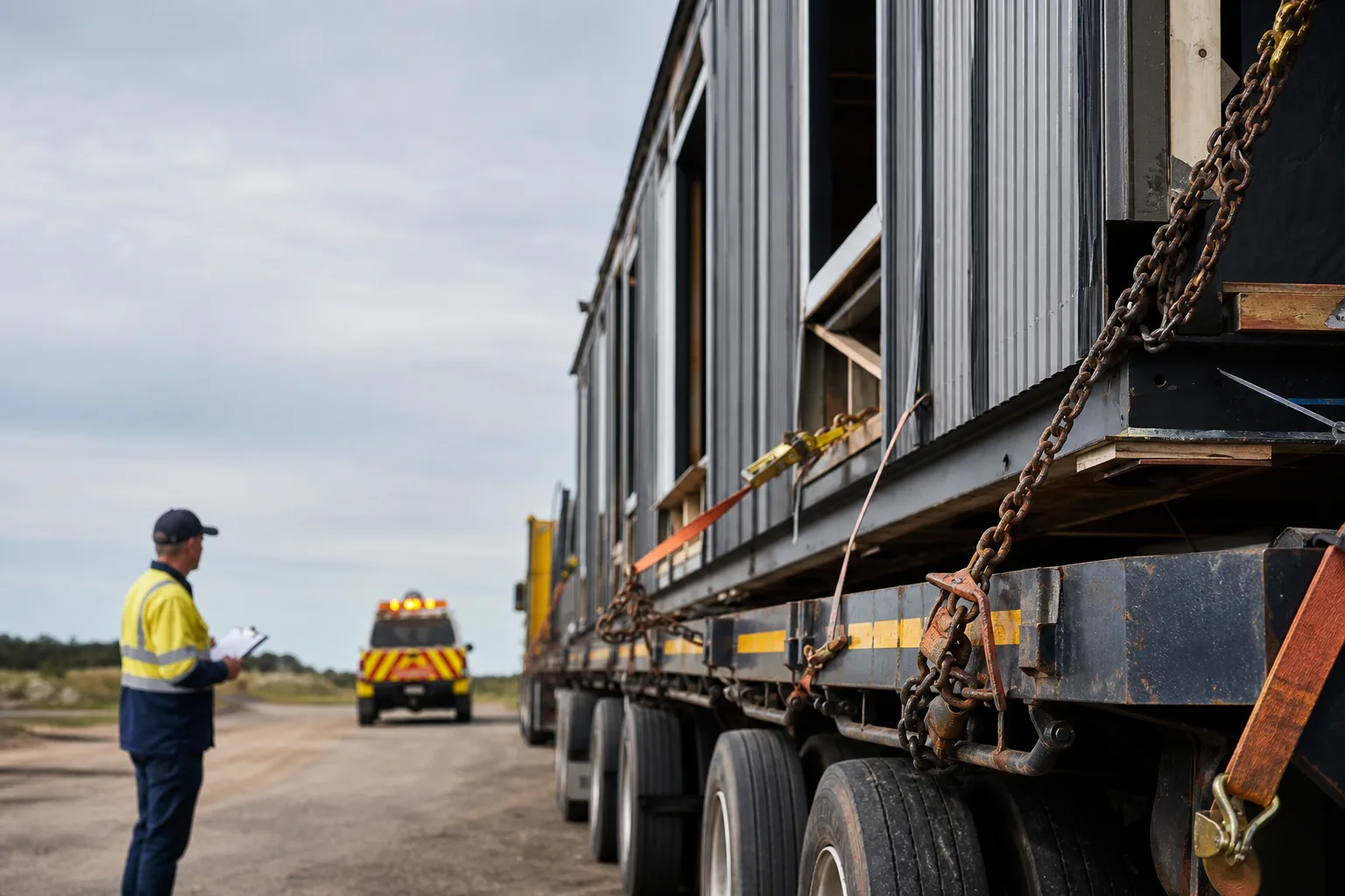 Prefabricated module secured for Australian heavy-haul transport with engineered tie-downs