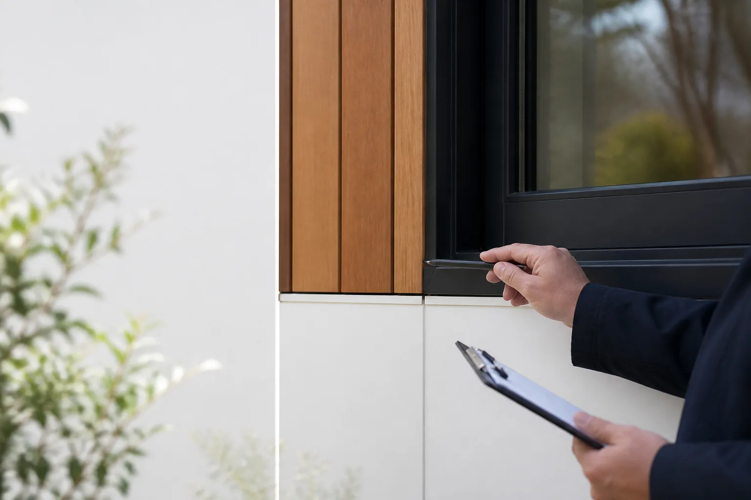 Building inspector checking the window and cladding junction of a contemporary modular home after handover
