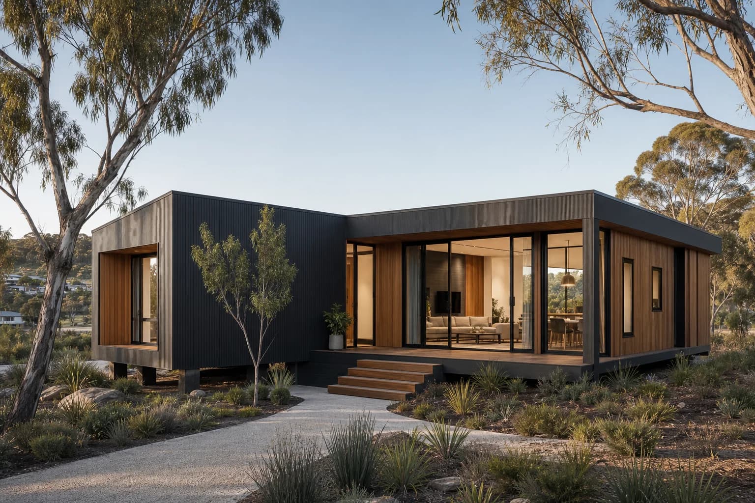 Permanent contemporary modular home installed on foundations in an Australian landscape