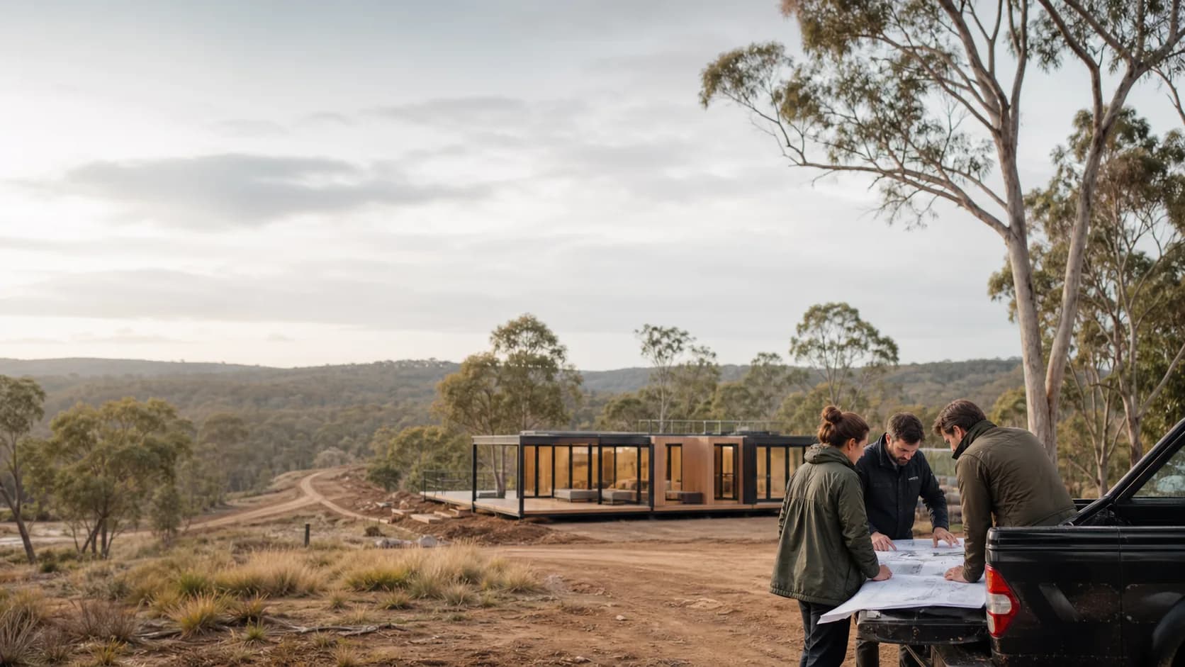 Project team reviewing modular home site plans in an Australian regional landscape