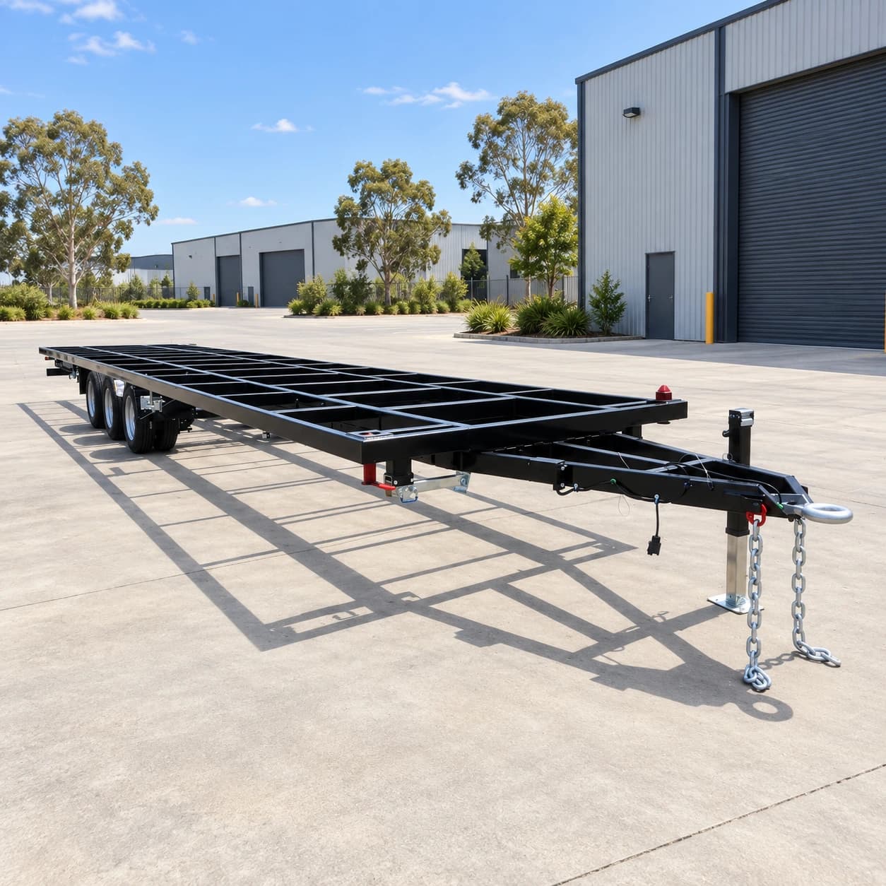 Long side view of the triple-axle house trailer chassis