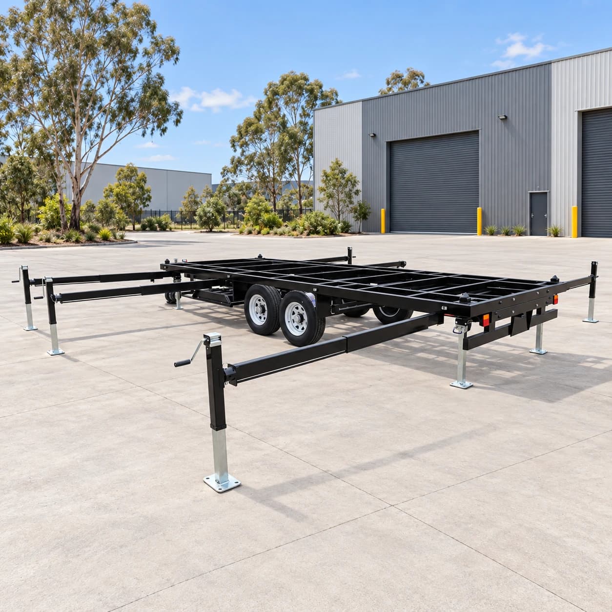 Rear three-quarter view of the 20ft house trailer chassis