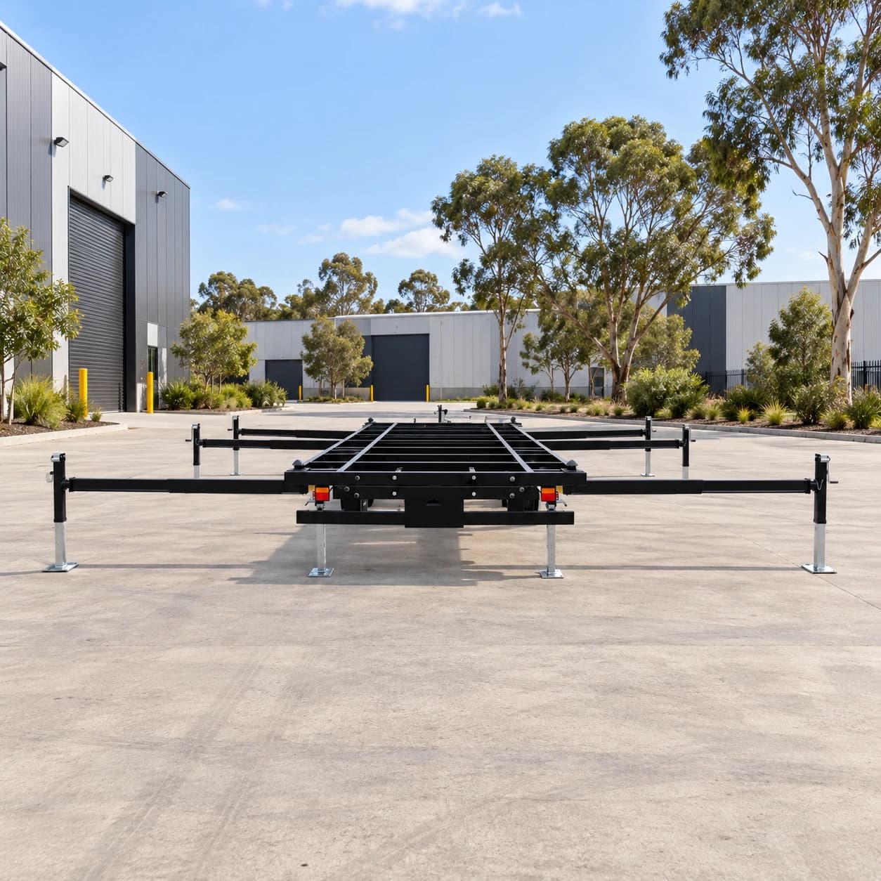Rear view of the house trailer platform and outrigger arms