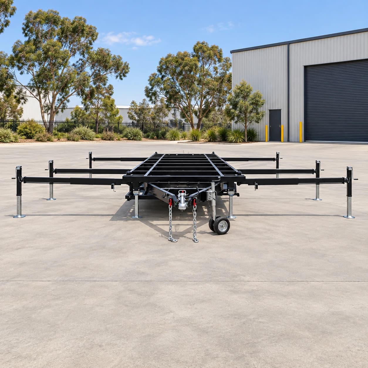 Front view of the extendable outrigger house trailer chassis