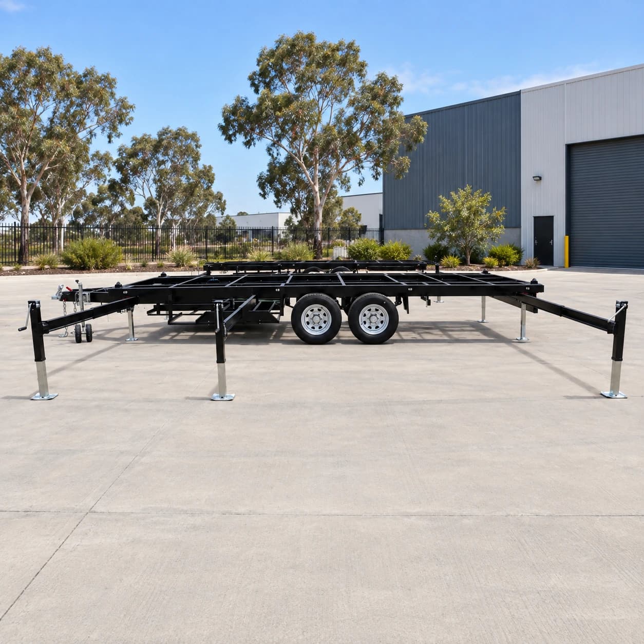 Wide side view of the deployed extendable outrigger system