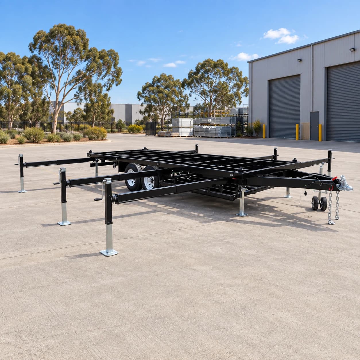 20ft house trailer chassis with its extendable outriggers deployed