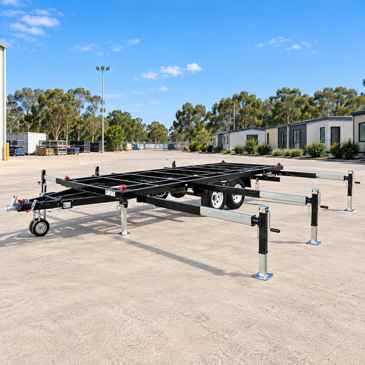 Trailer chassis with external stabilising supports extended