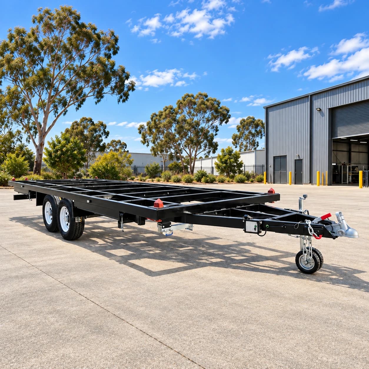 20ft modular cabin trailer chassis in three-quarter view