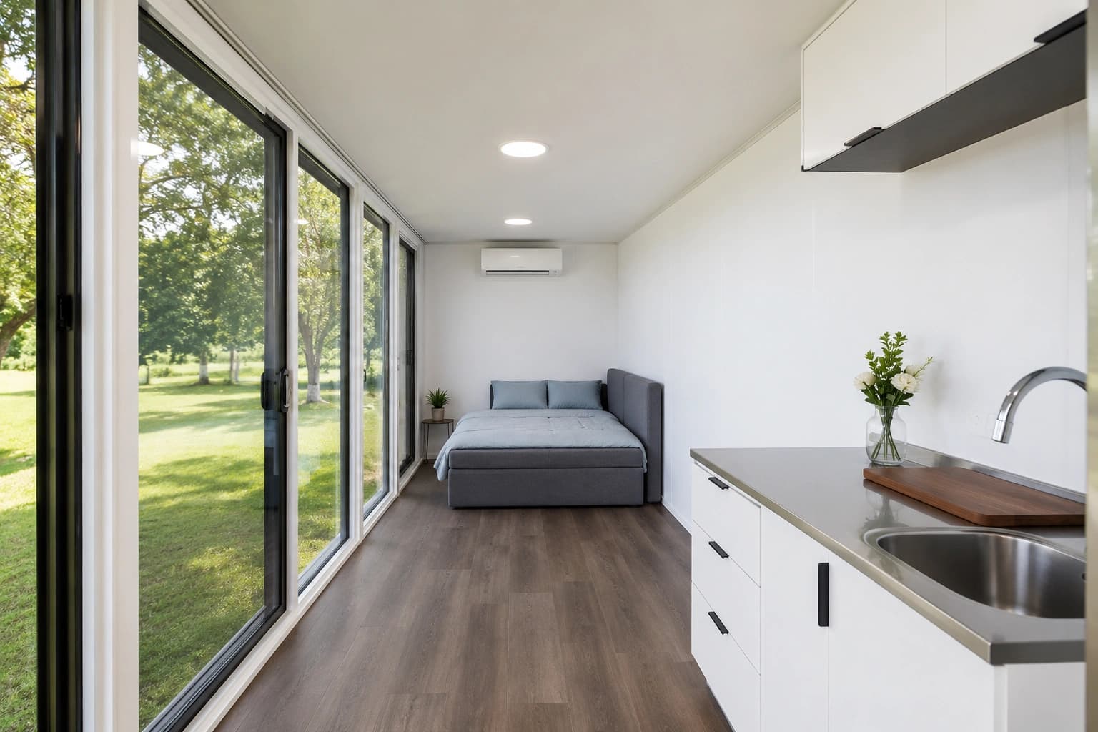 Inside — an open living space with a daybed, sliding glass to the garden and a kitchenette along one wall