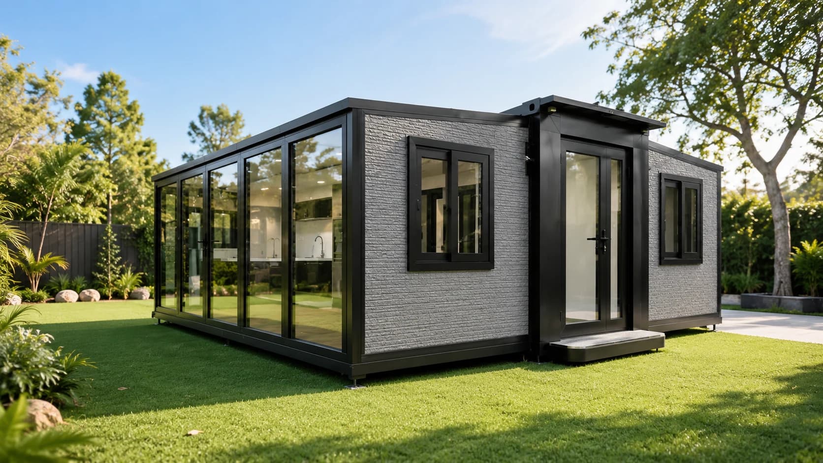 6M Container Home with 2 Bedrooms - Glass Curtain Wall exterior by ModuHaus