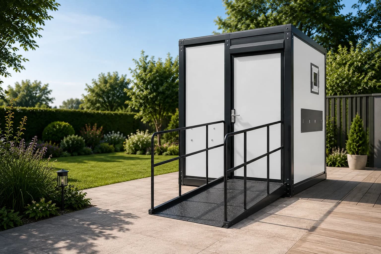 Accessible Portable Toilet with ramp and handrail