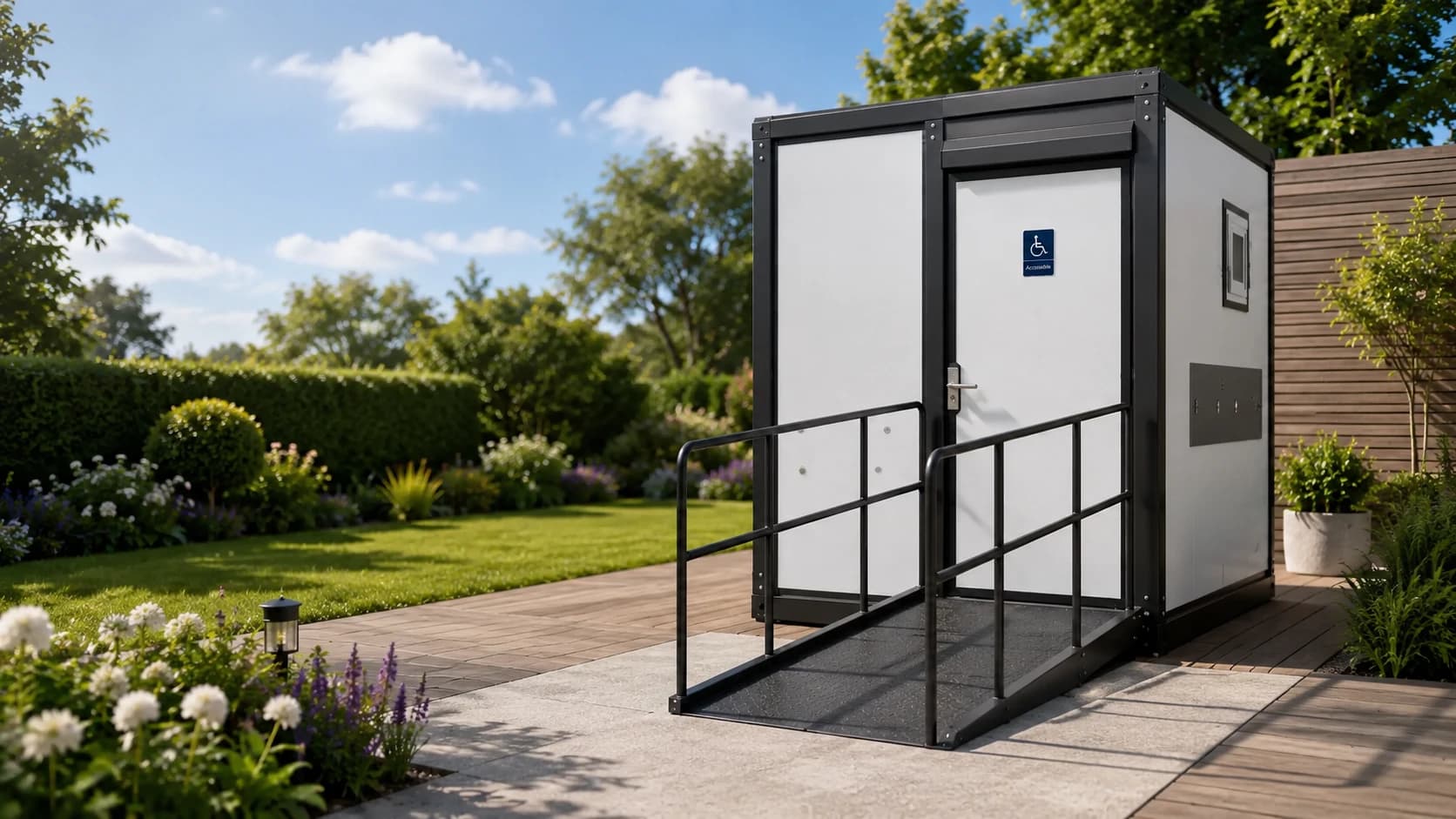 An Accessible Portable Toilet with a wheelchair-access ramp