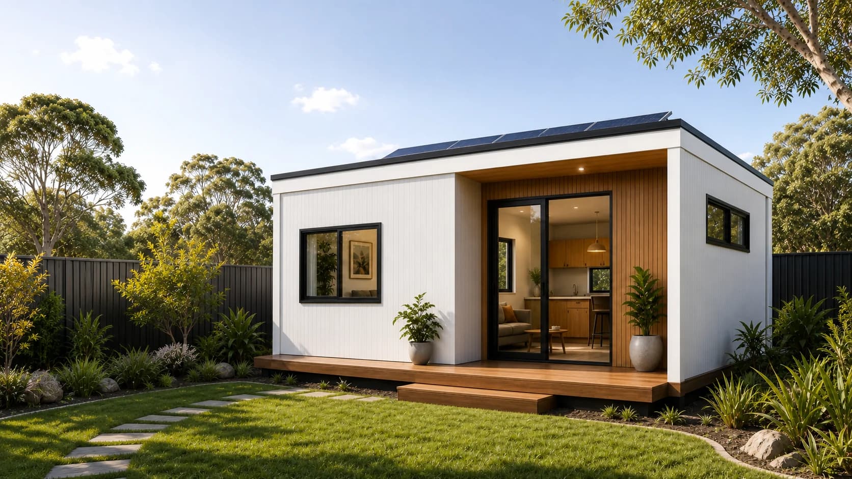 Compact Living 30 - Manly compact modular home exterior in a landscaped setting