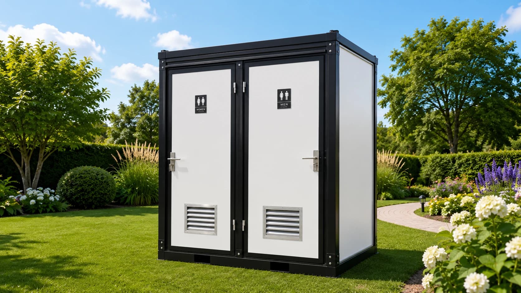 A Double Toilet Block — two compartments in a black steel frame