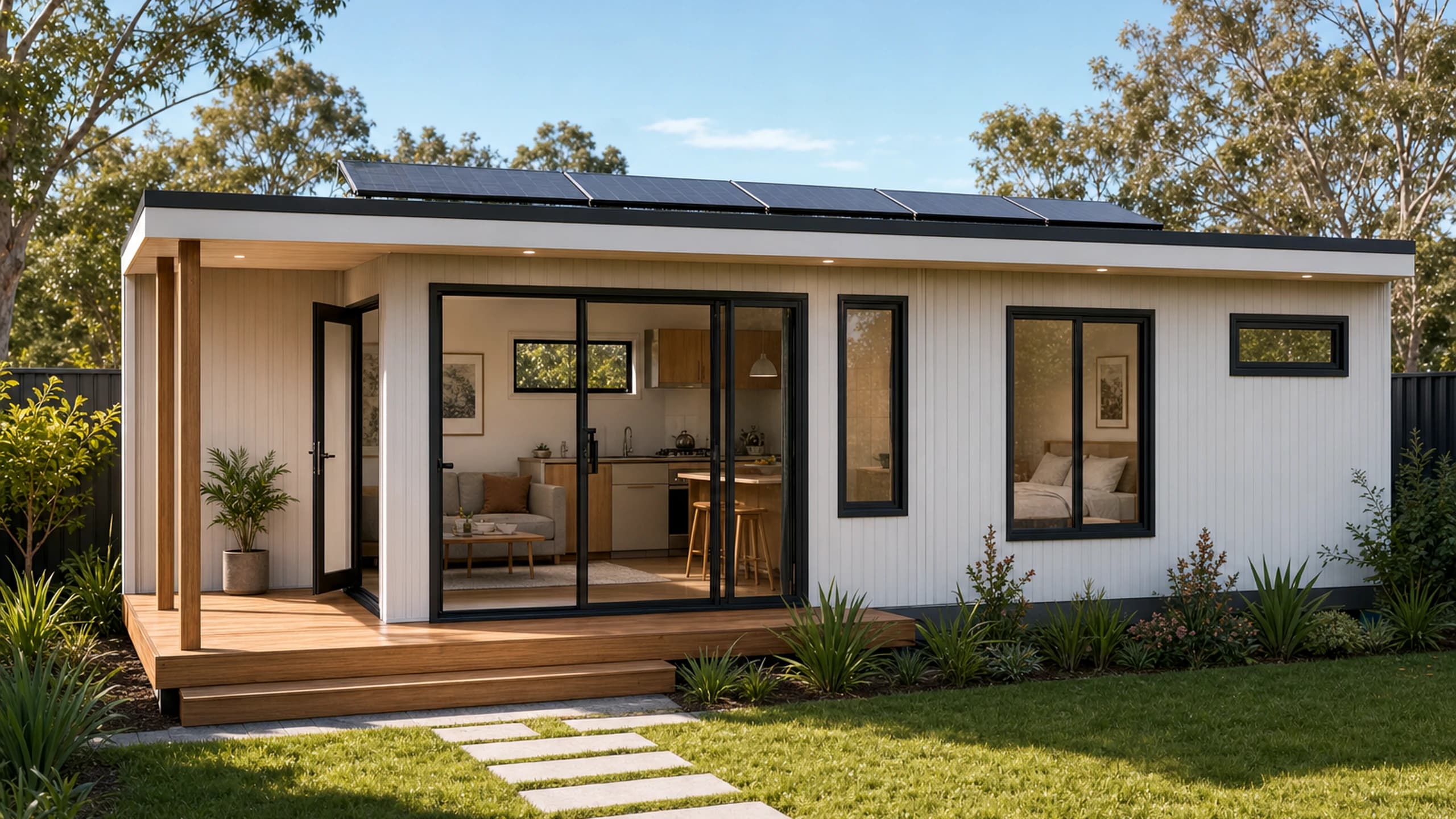 Family Comfort 45 - Bronte modular home exterior with alfresco living connection