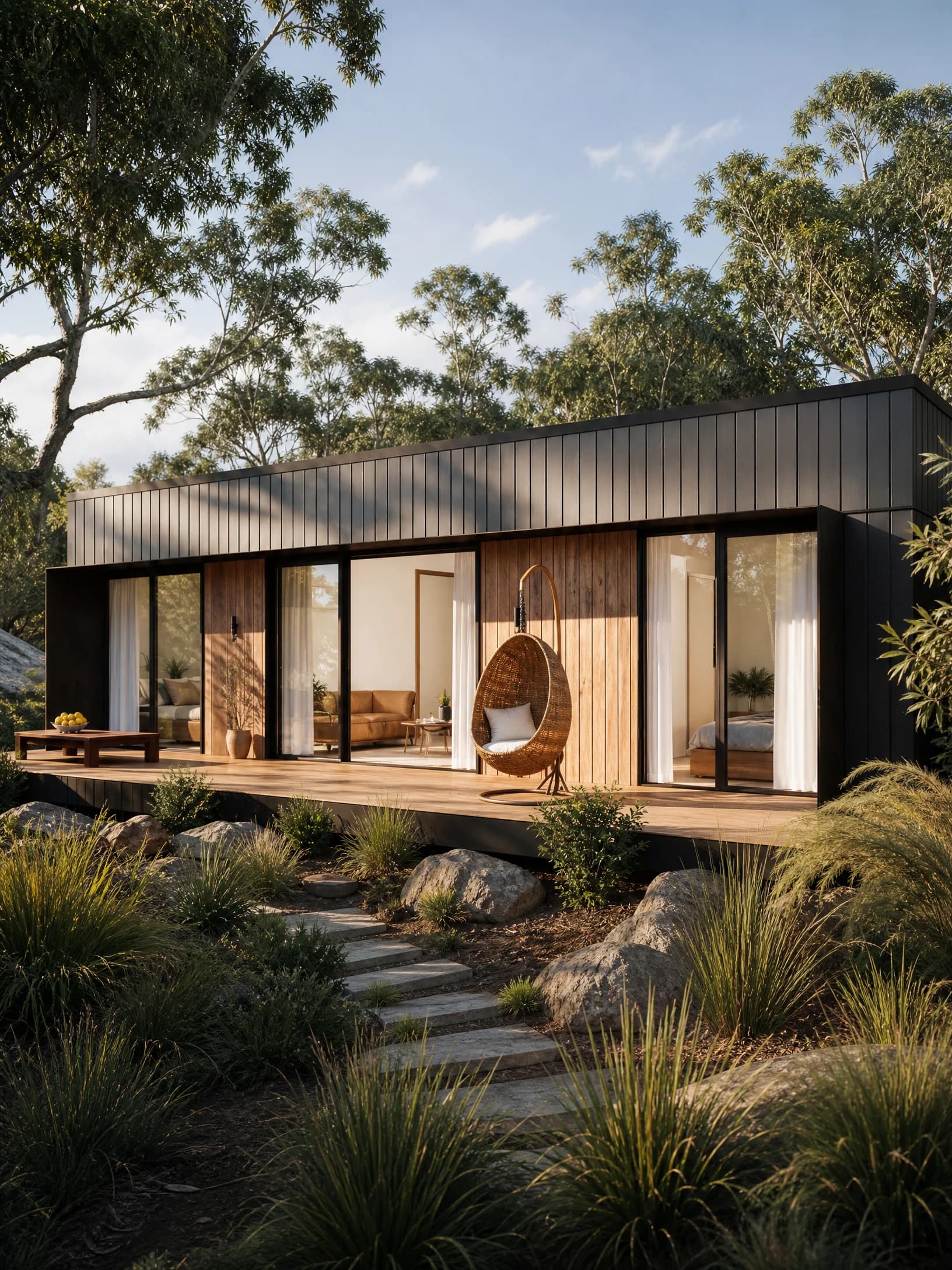 The Meridian — a dark-clad two-bedroom modular home with a timber deck, set among coastal planting