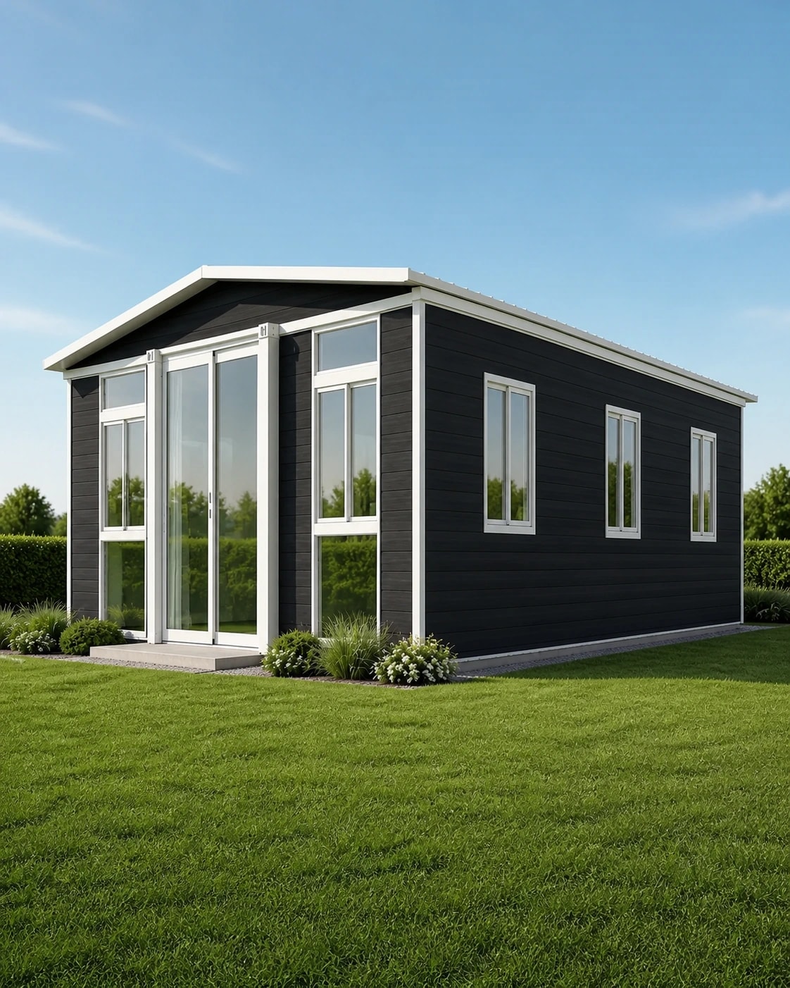 Architectural illustration of a charcoal expandable home with white-framed glazing