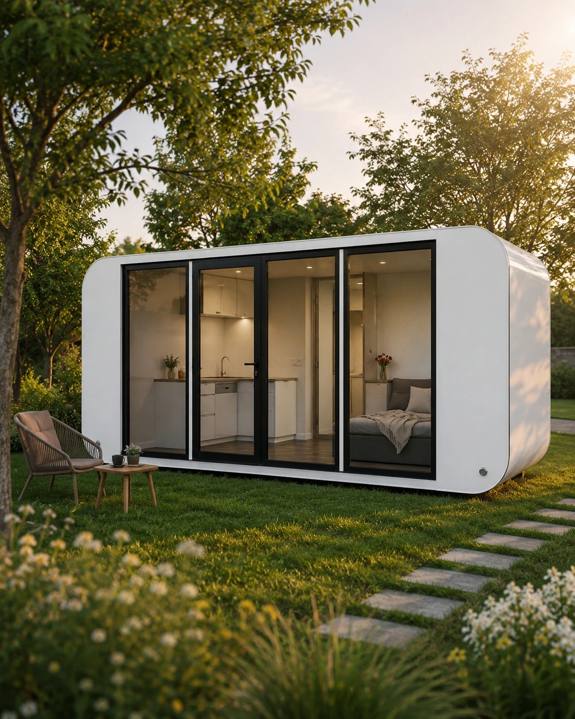 6m Backyard Office Pod — a white garden pod with its kitchenette and bed visible through full-height glazing at golden hour
