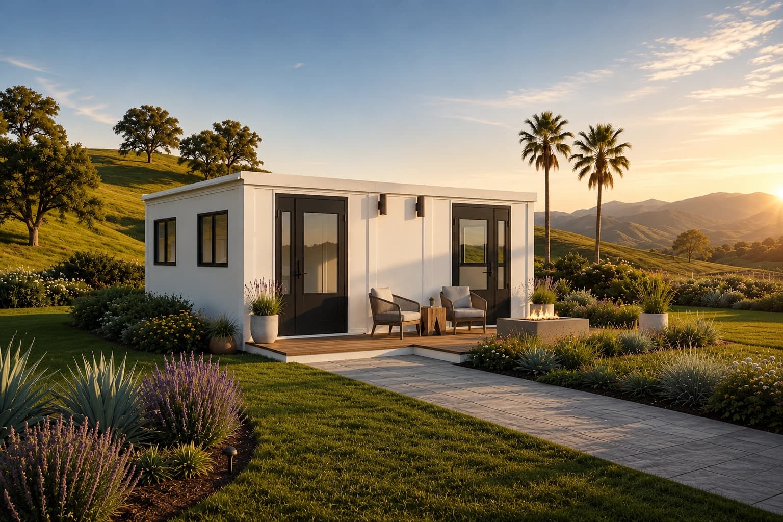 A white ModuHaus home on a hillside at golden hour, framed by a lavender garden