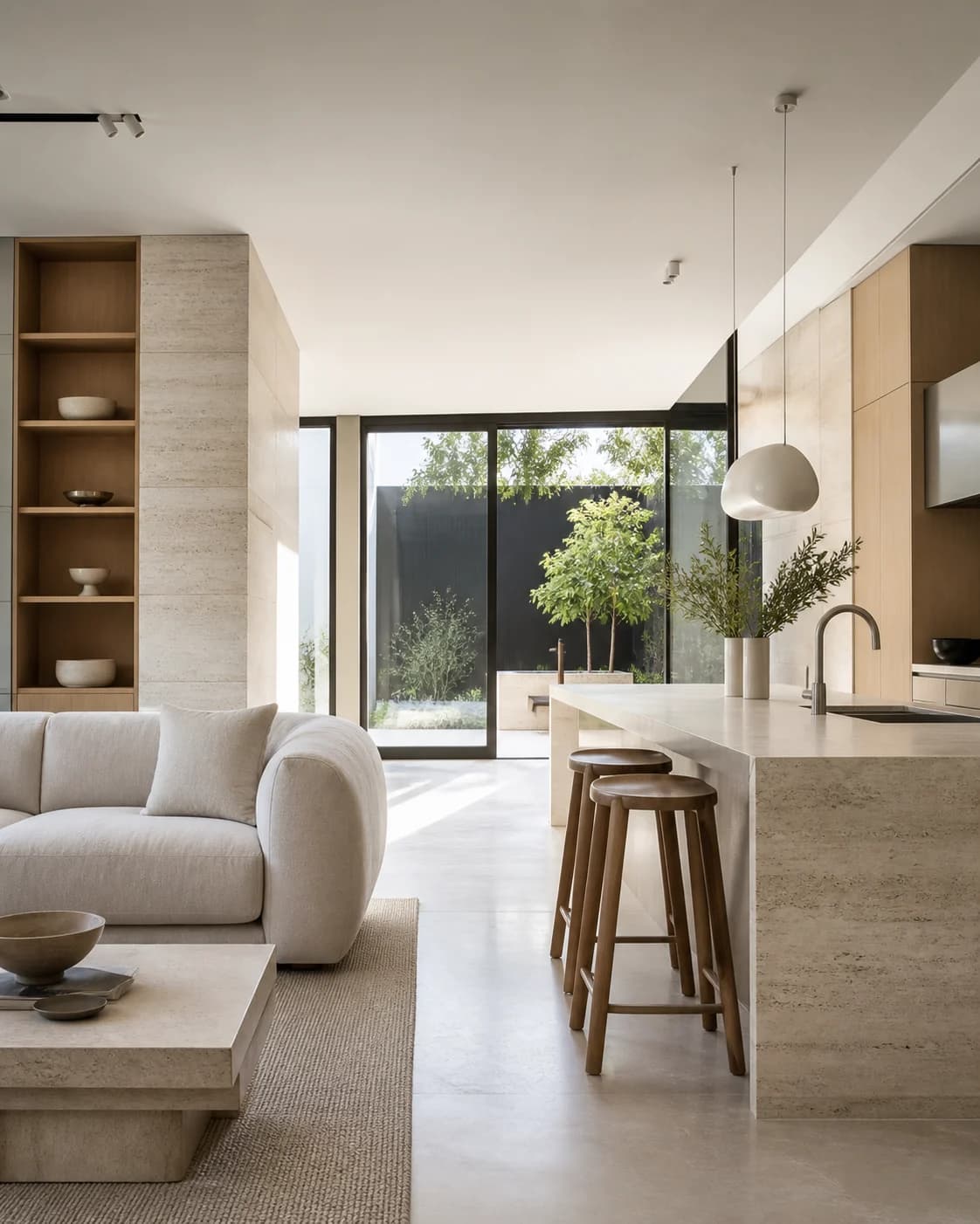 Architect-designed modular home interior with limestone, oak and courtyard light