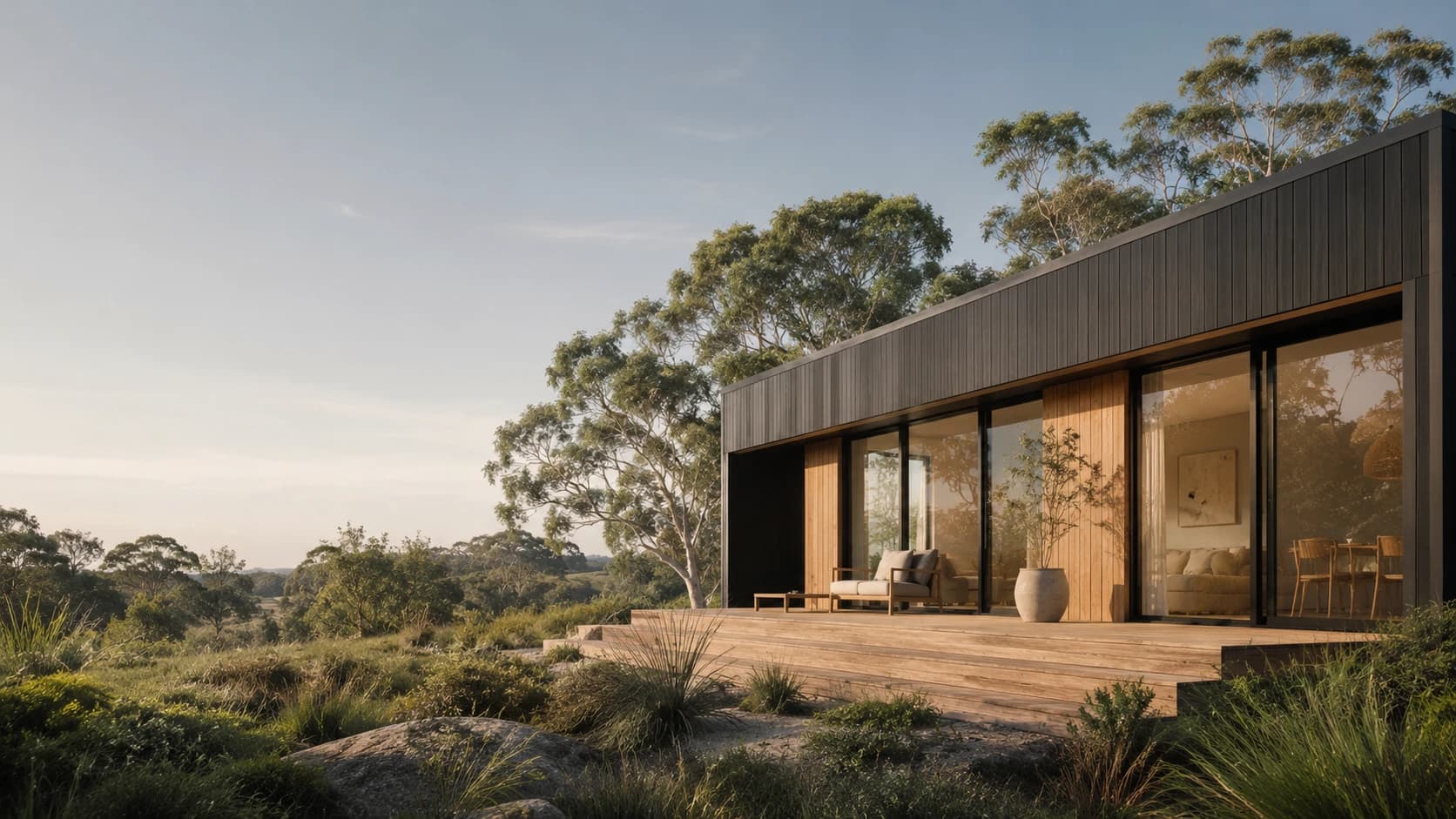 An architect-designed permanent modular home set in the landscape