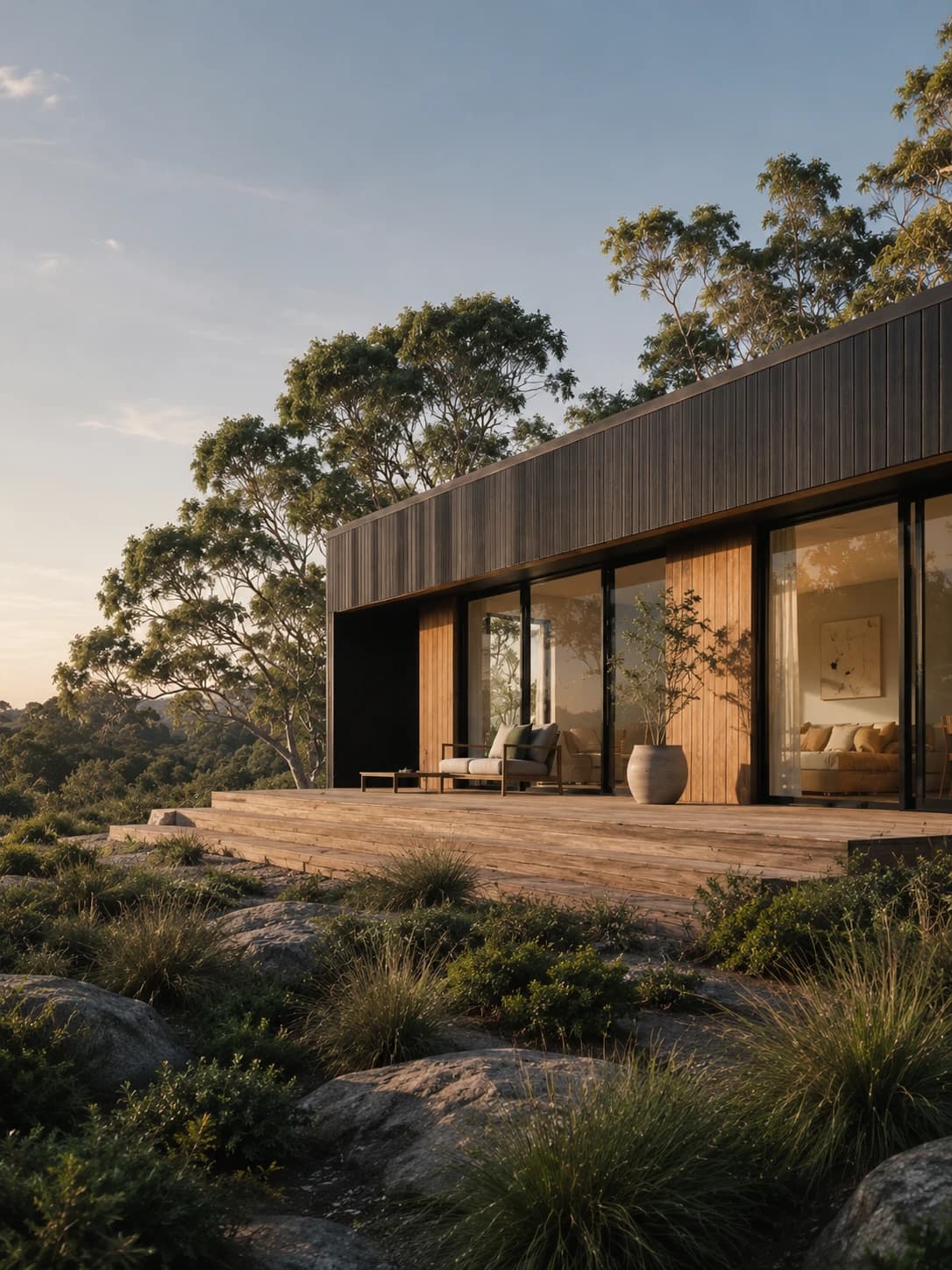 An architect-designed permanent modular home set in the landscape