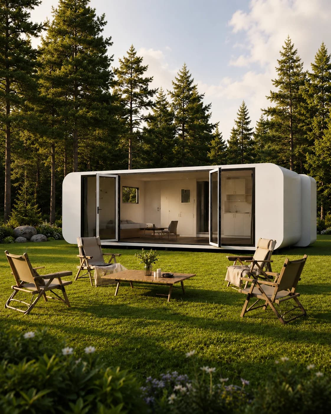 A white ModuHaus pod set in a forest clearing with lounge chairs on the lawn