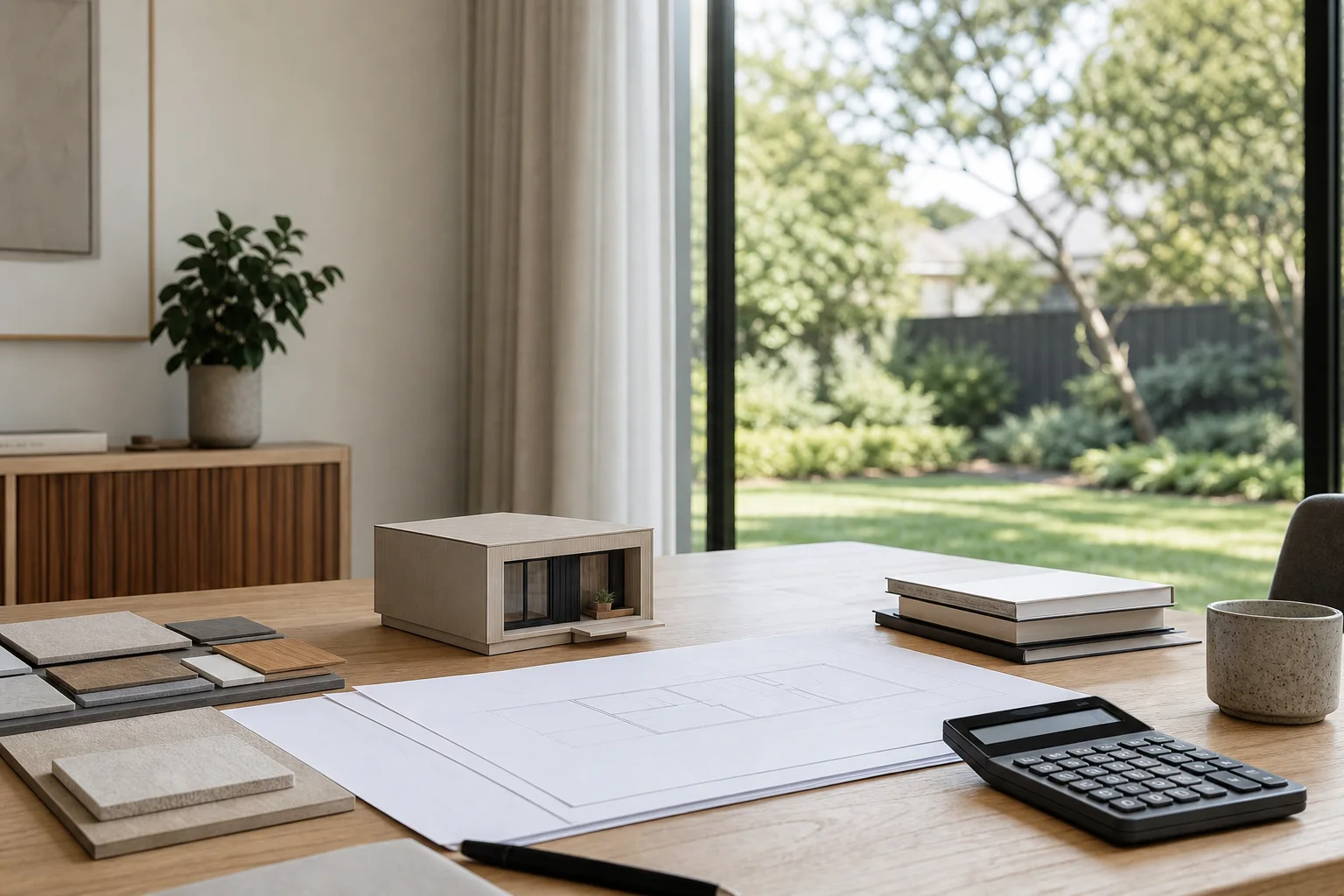 Architectural plans, modular home model and calculator on a bright worktable