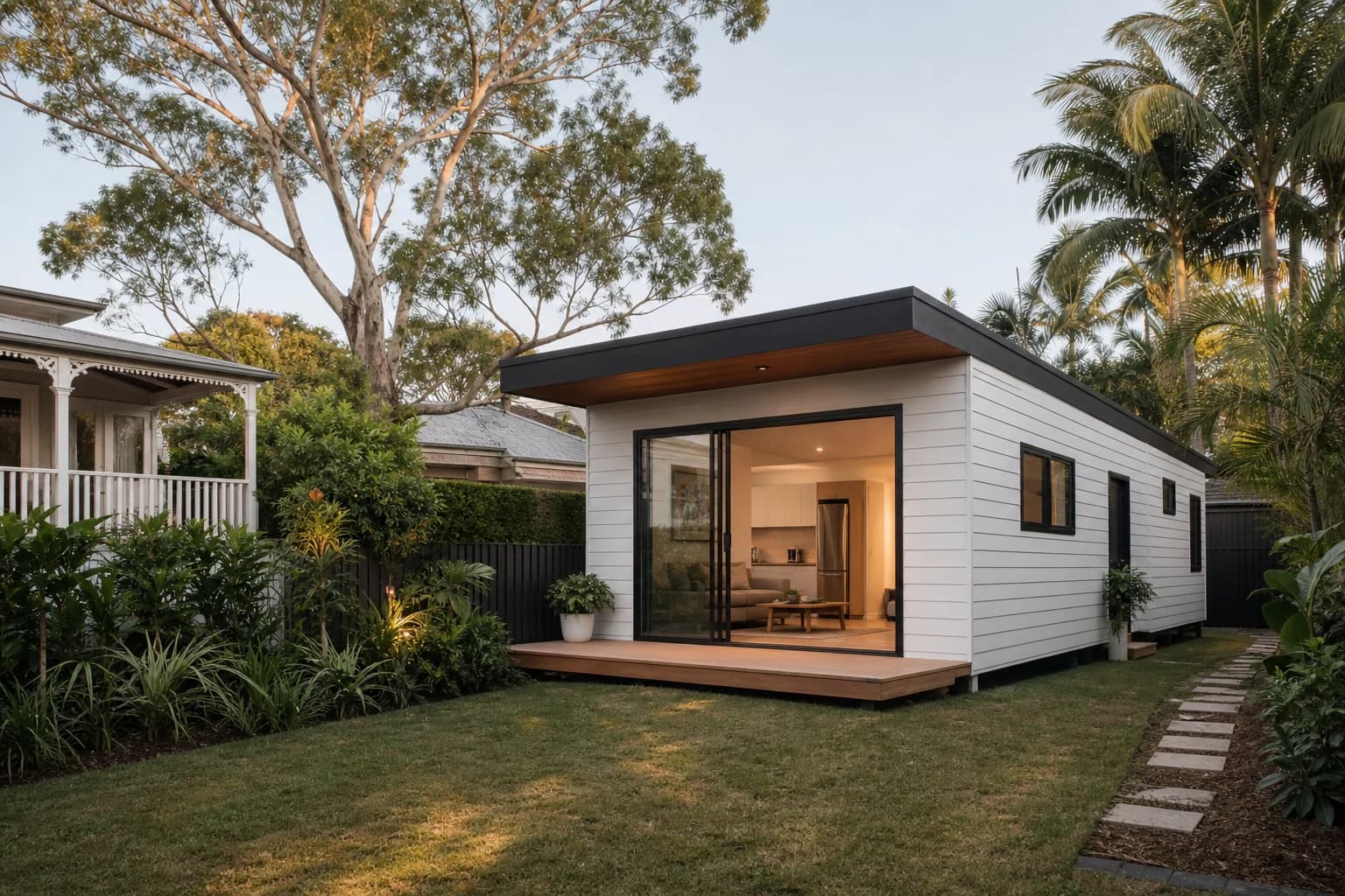 Contemporary modular secondary dwelling on a leafy Queensland residential site