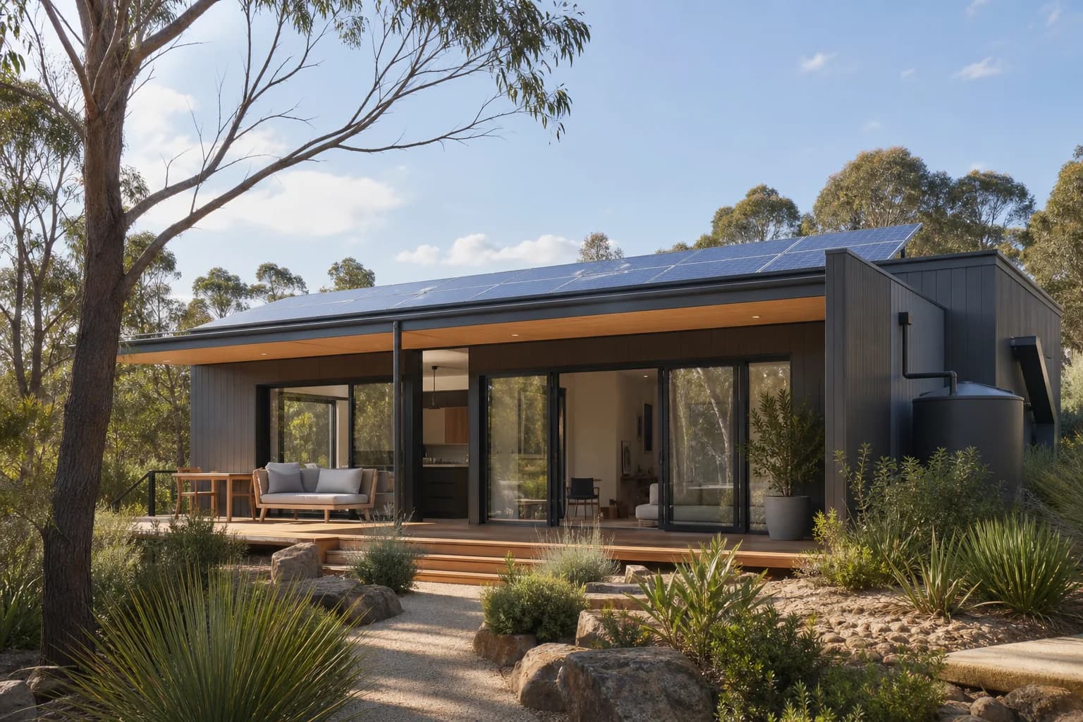 Sustainable Australian modular home with solar panels, considered shading and rainwater storage
