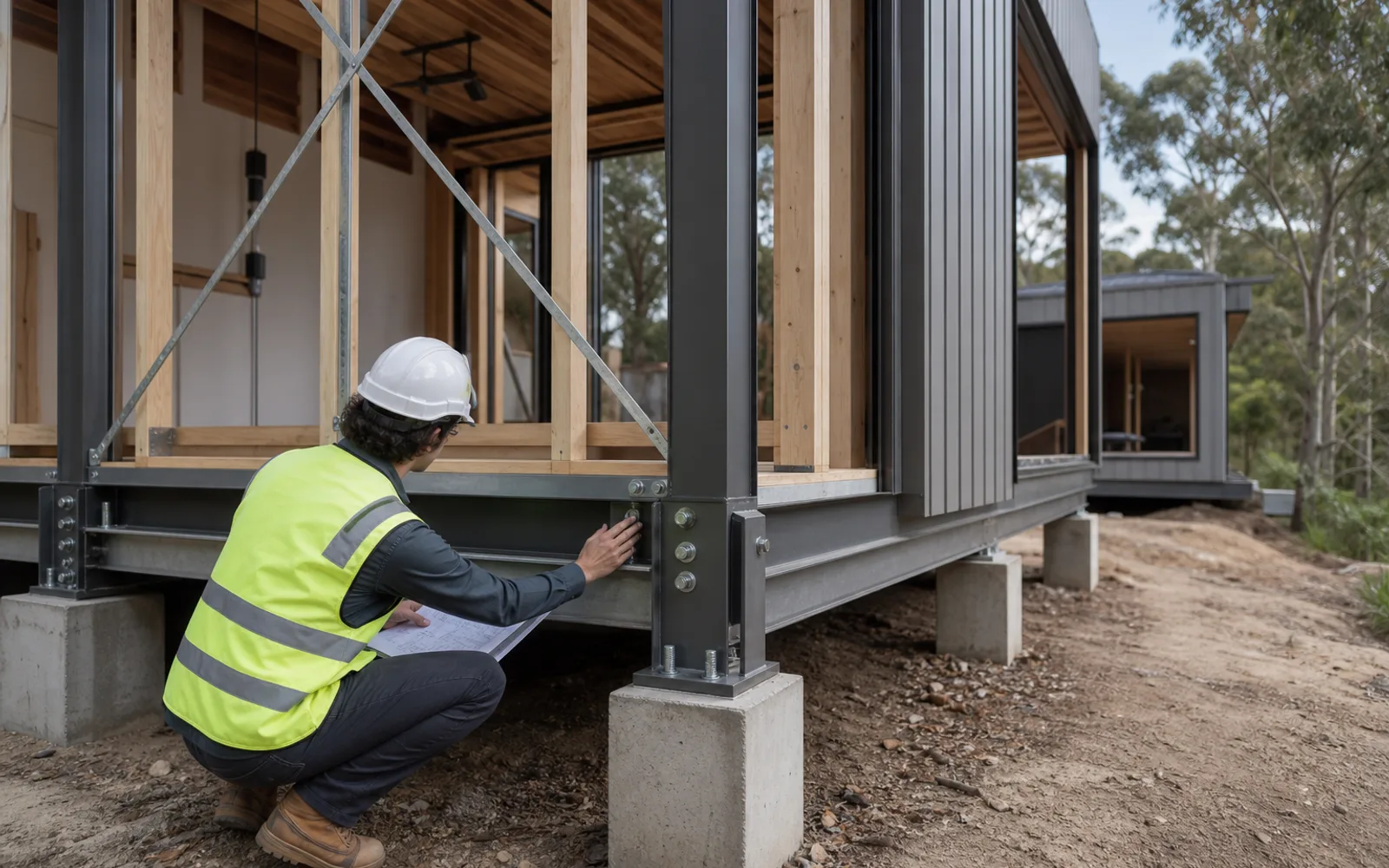 Engineer inspecting structural frame connections and foundations on an Australian modular home
