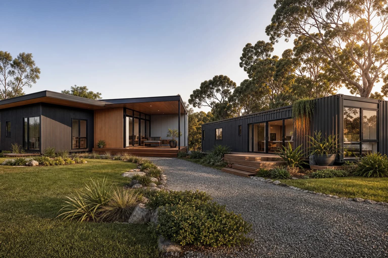 Contemporary modular home and container home in a landscaped Australian setting