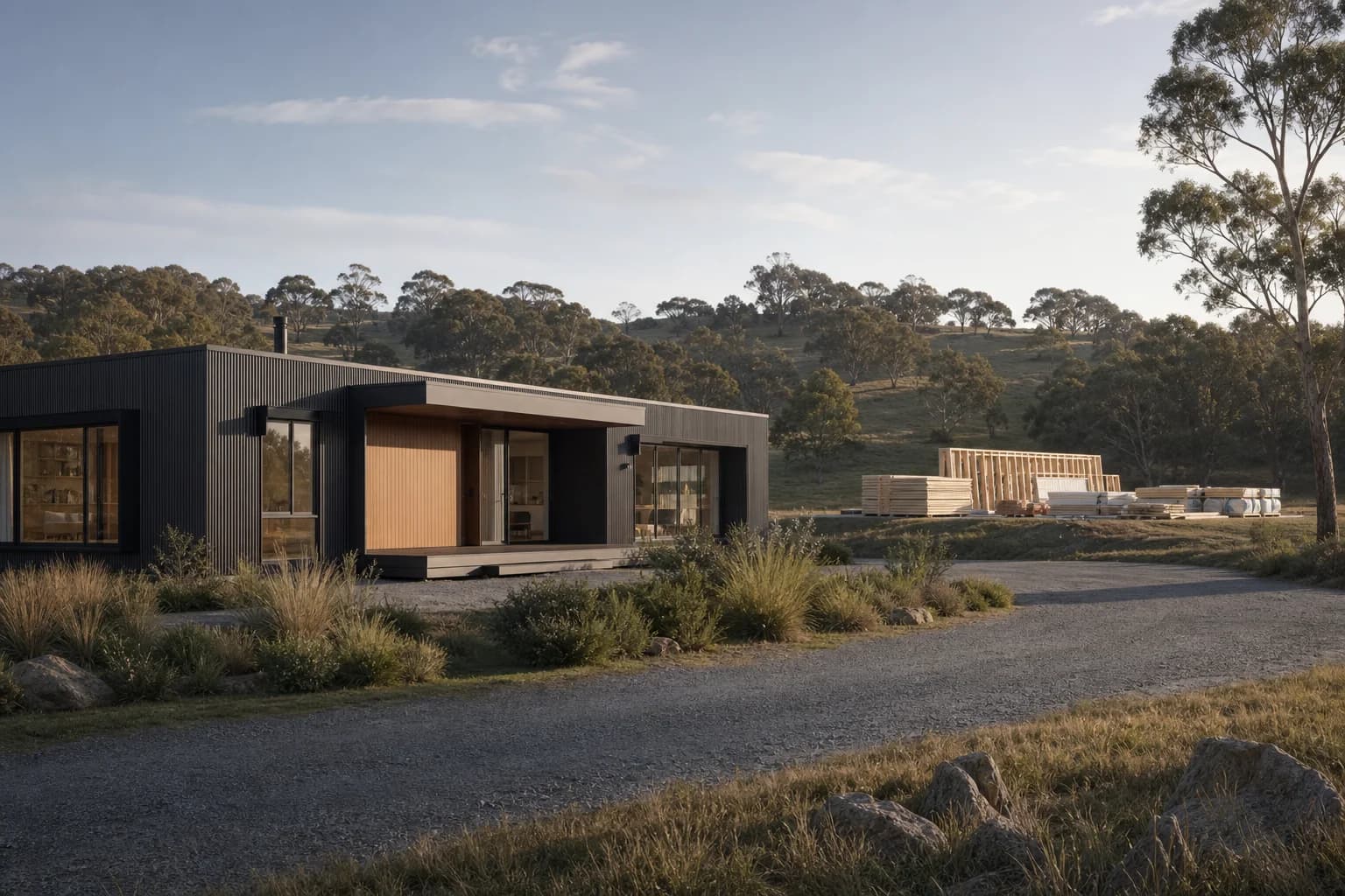 Completed modular home and timber kit-home components on an Australian site