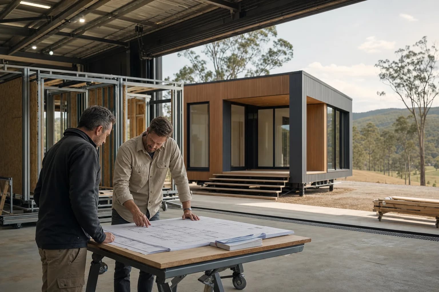 Regional Australian builder and modular manufacturing partner reviewing plans beside a finished modular home
