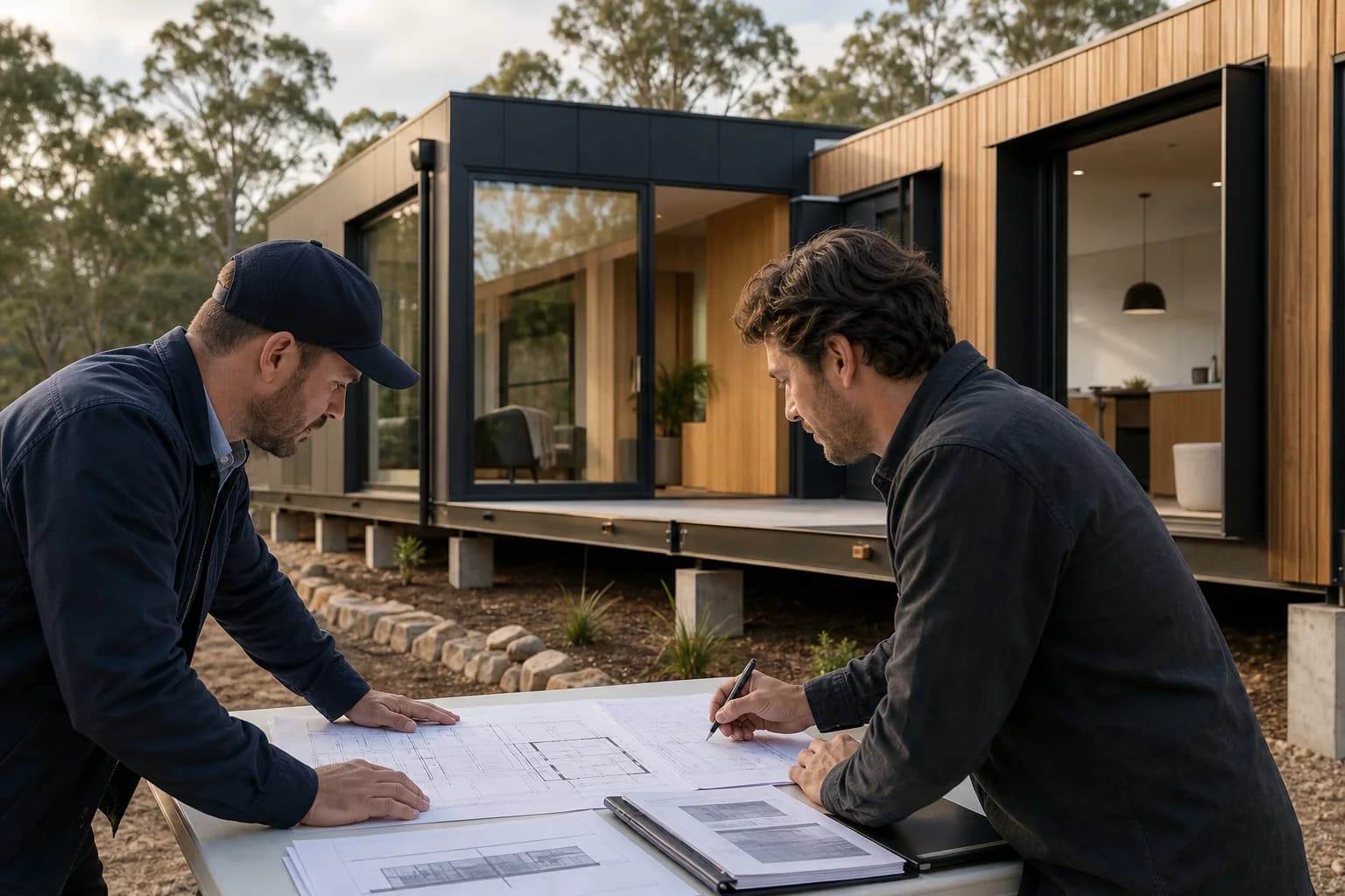 Builder and modular partner reviewing scope drawings beside an installed Australian modular home