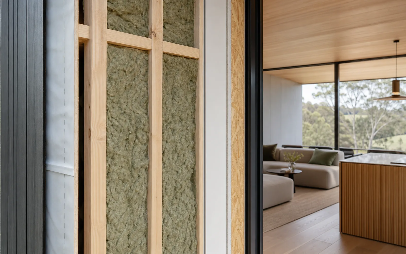 High-performance insulation within a modular home wall beside a completed living space