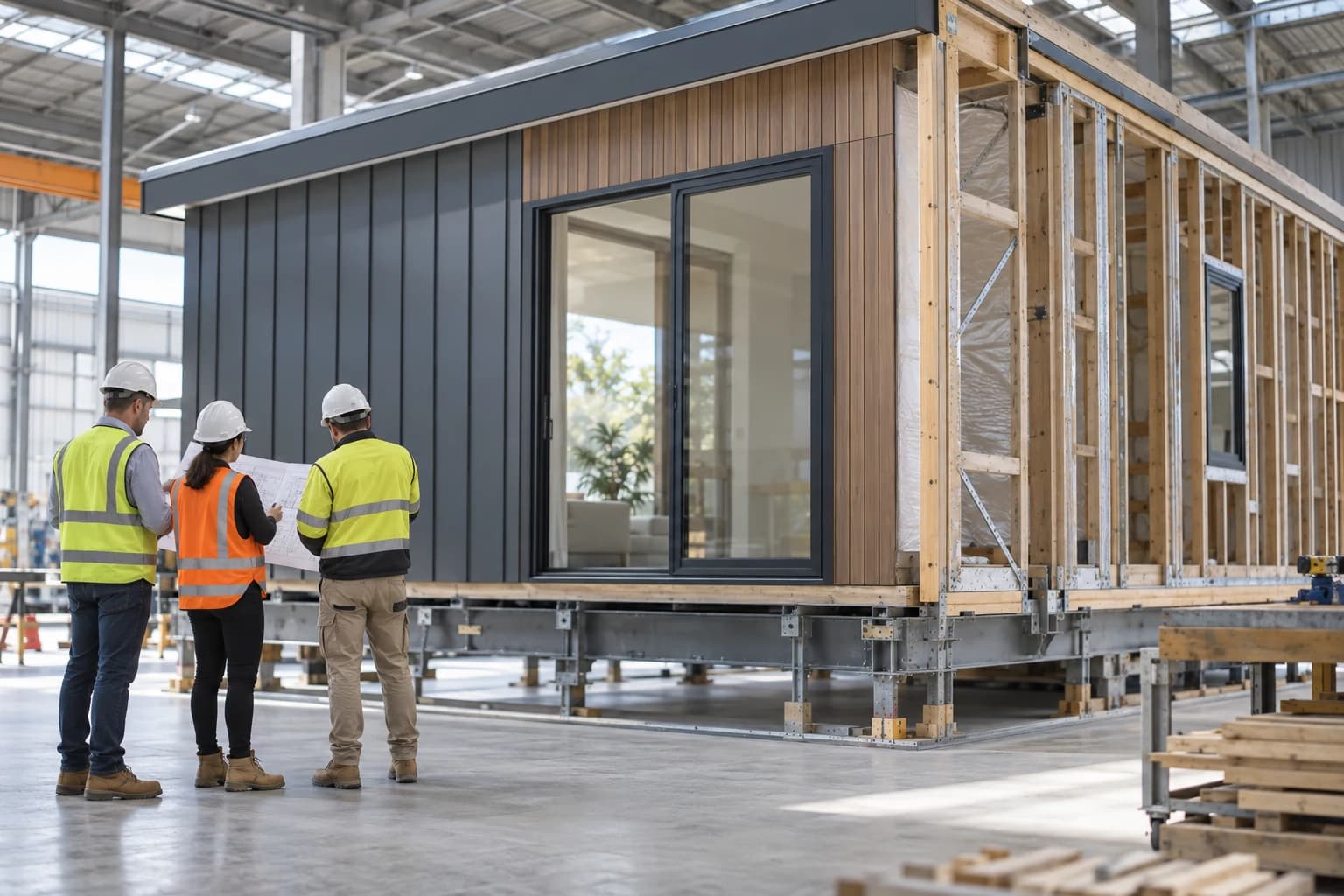 Building practitioners reviewing plans beside a modular home in an Australian factory