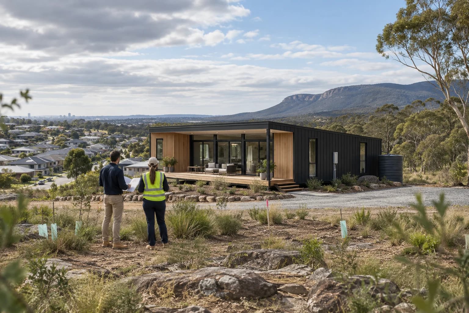Planning professionals reviewing a modular home site between suburban and regional Australian settings