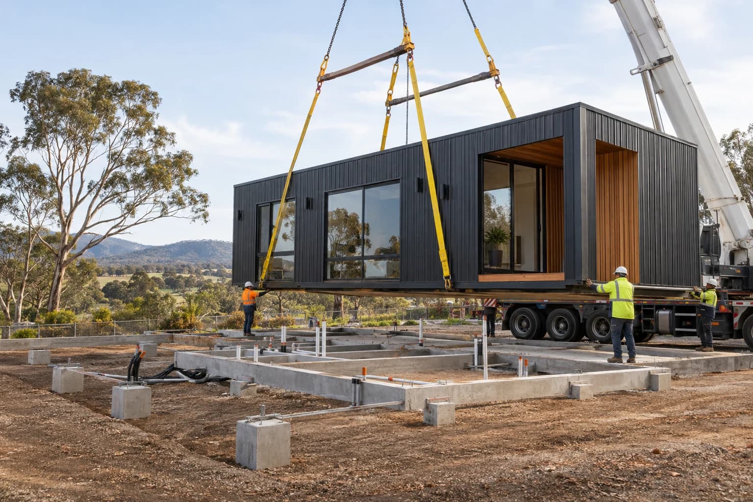 Australian modular-home site prepared for transport, lifting, foundations and service connections